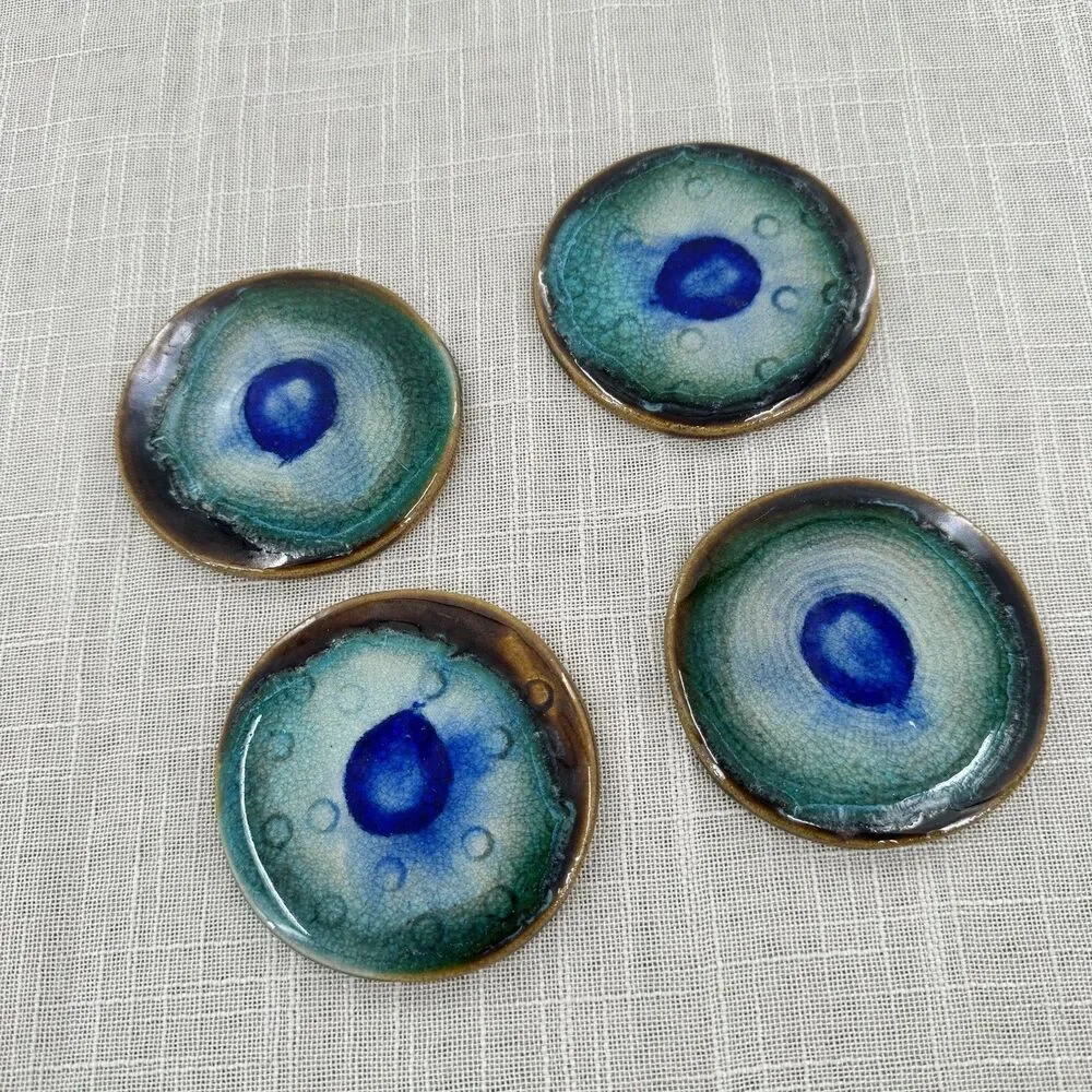 Artisan Pottery Coasters Studio Art Blue Green Coastal Beachy Set Of 4